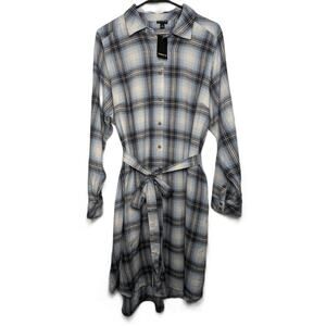 Women's Torrid Mini Long Sleeve Button Front Dress Plaid White/Gray Size 12 NWT